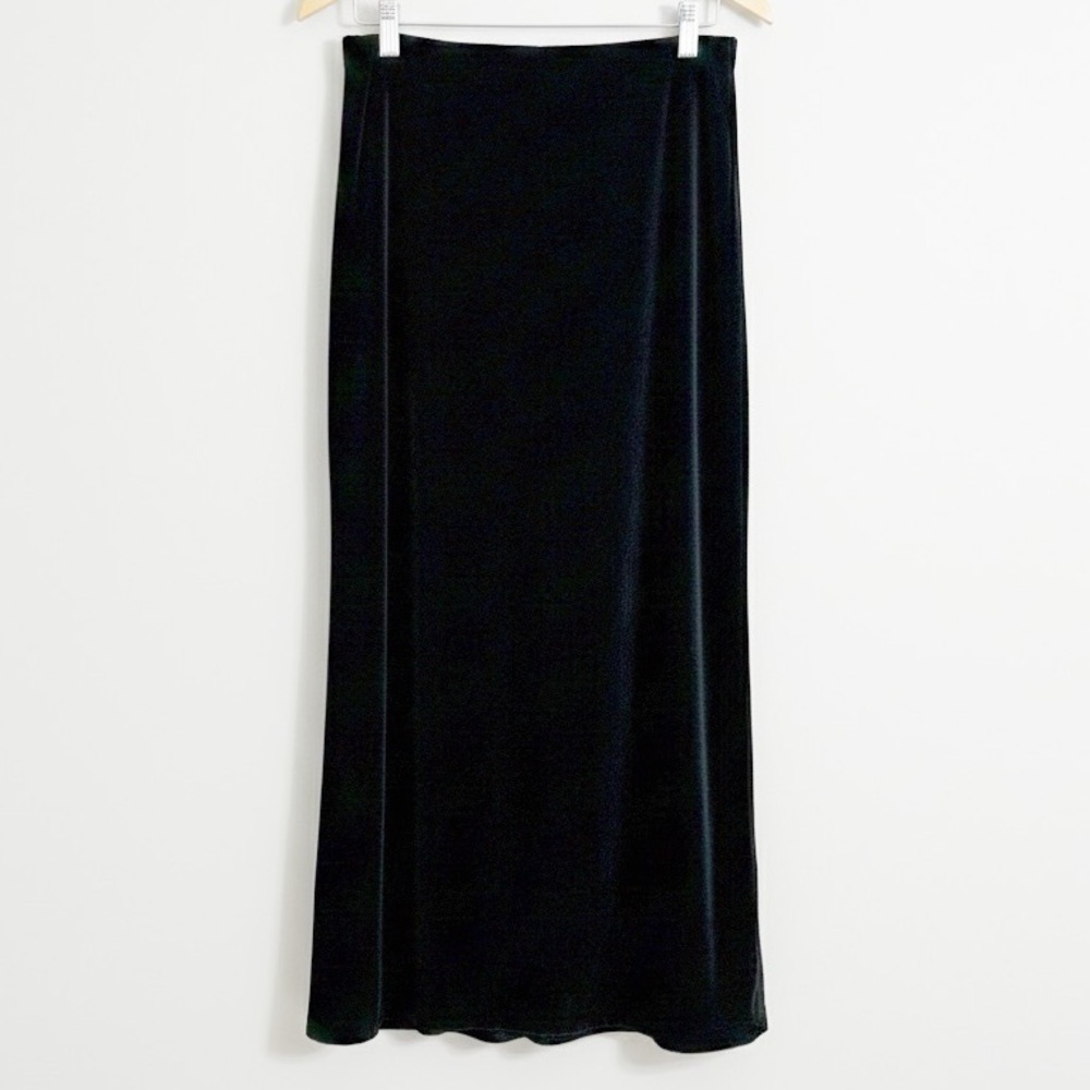Vintage Elementz Black Midi Skirt Size M Stretch Elastic Waist Back Slit 90s - Picture 3 of 8